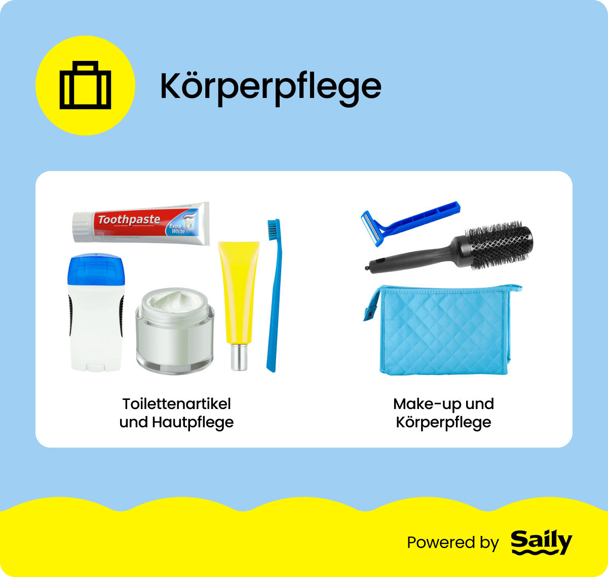 Eine Infografik, die die persönlichen Pflegeartikel auf einer Packliste für einen Wochenendausflug zeigt.