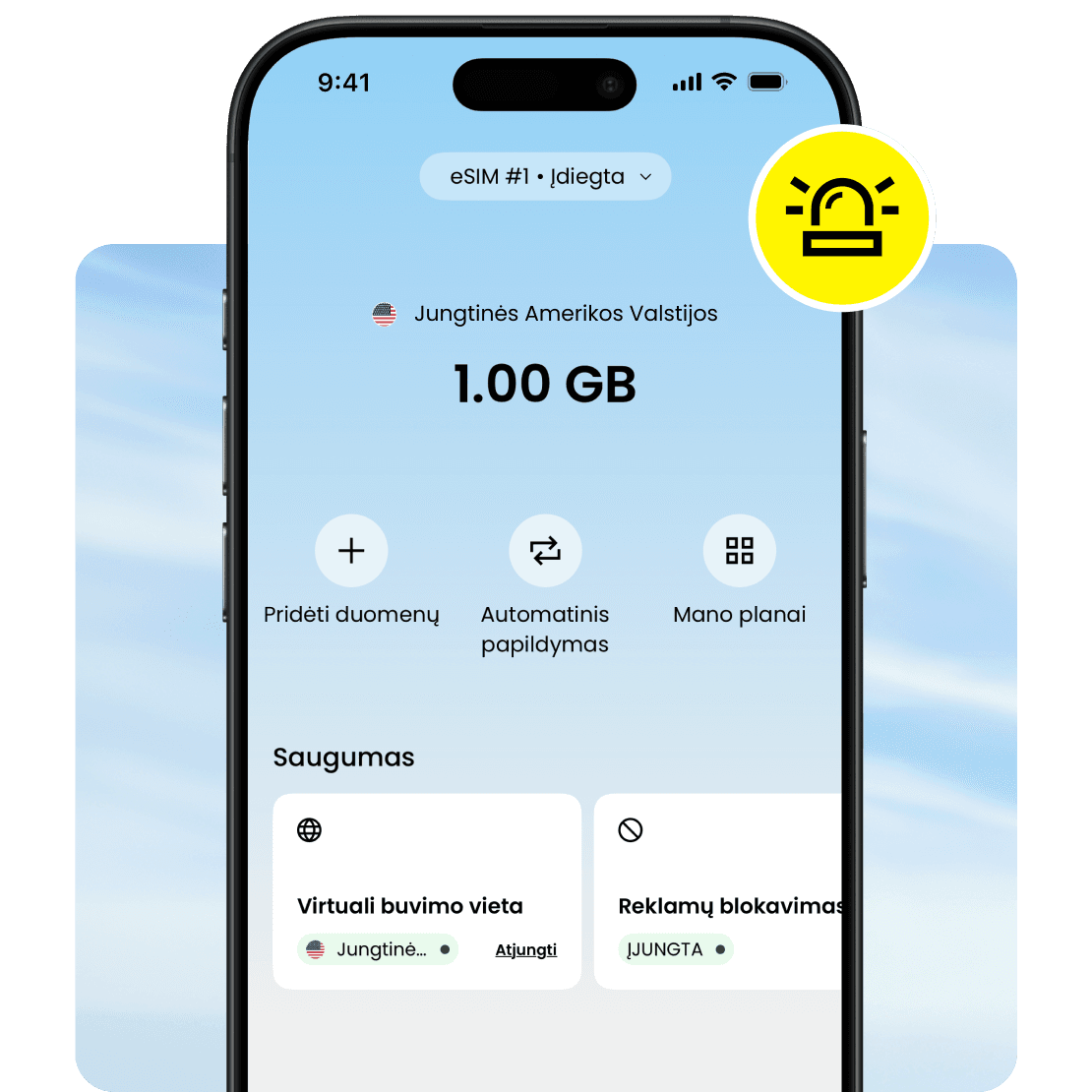 „Saily“ programėlės sąsajoje rodomas 1 GB eSIM duomenų planas, skirtas pagalbai ekstremaliose situacijose.