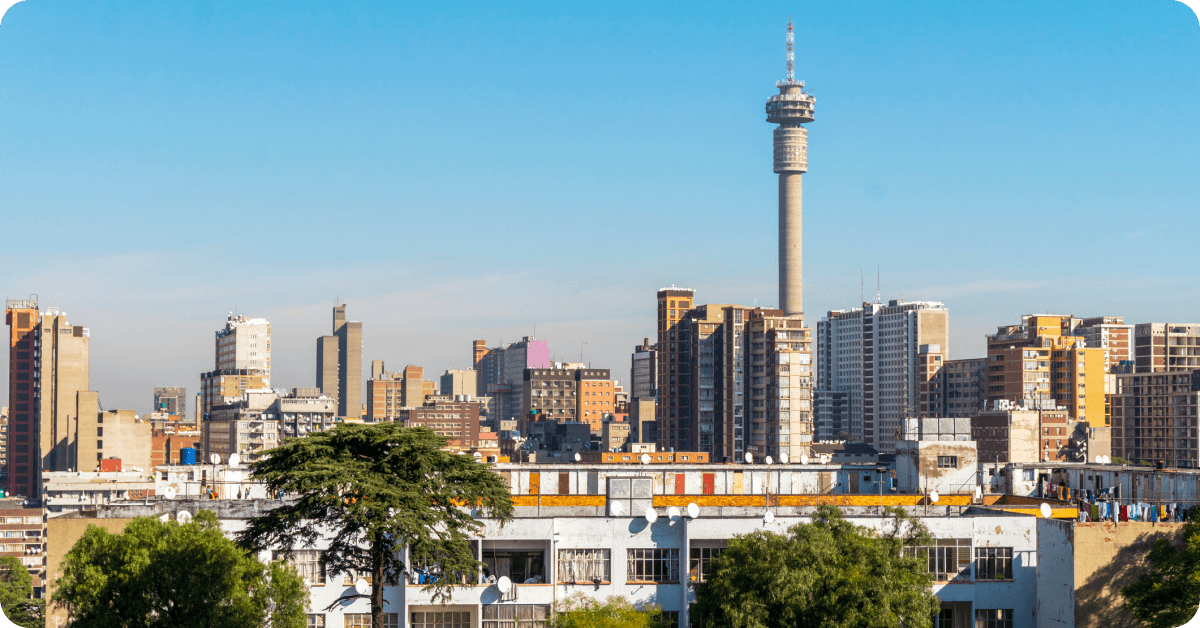 The skyline of Johannesburg, South Africa, featuring the iconic Hillbrow Tower.