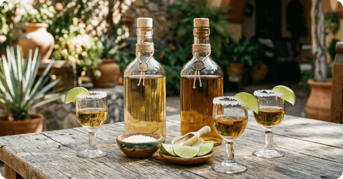 Tequila setup in natural light (bottles and glasses on a table)