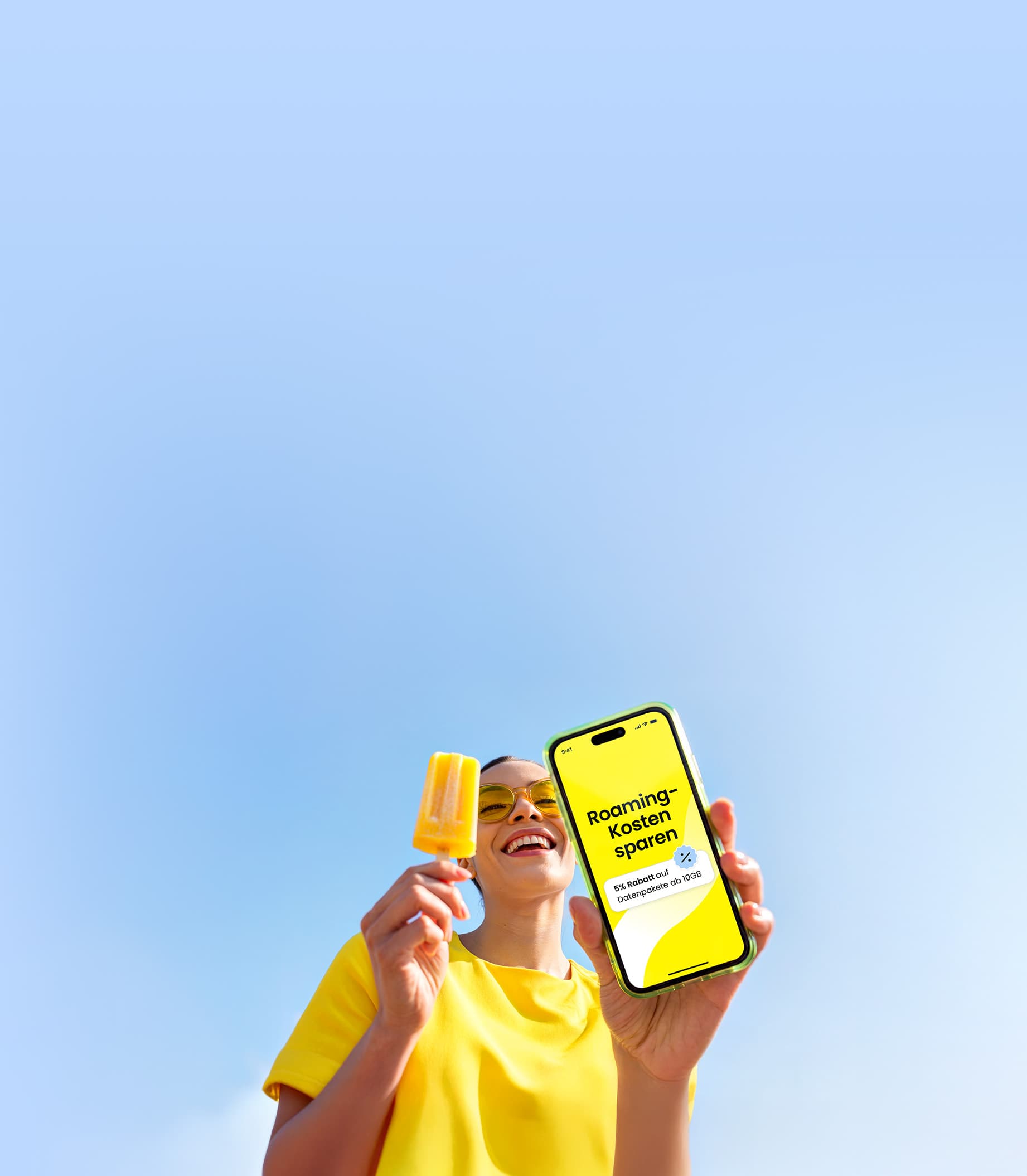 A woman using the Saily eSIM app on her phone to save on roaming costs while traveling.