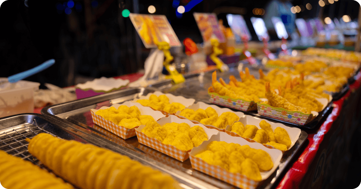 Street food prepared for quick pick up.