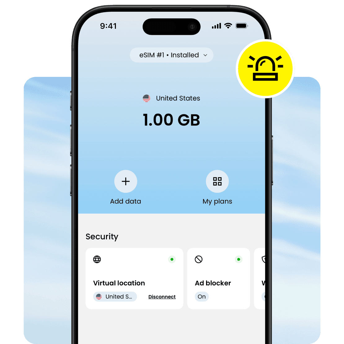 Saily app interface showing a 1 GB eSIM data plan for emergency support.