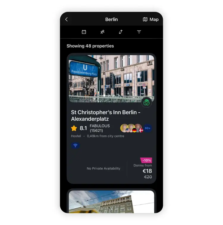 A screenshot of a bookable hostel in Berlin from the HostelWorld app.