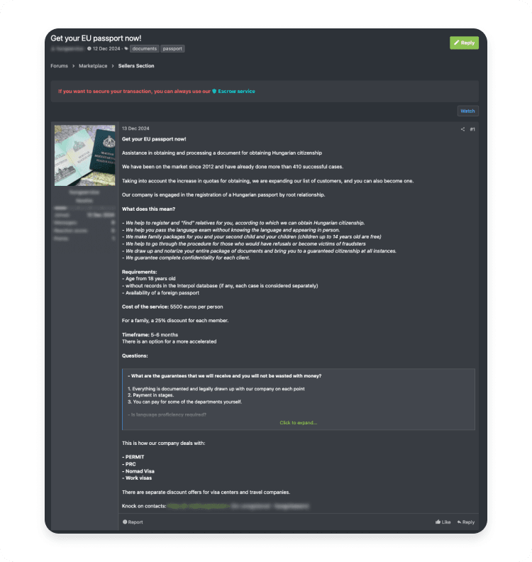 Dark web listing offering EU passports for sale.