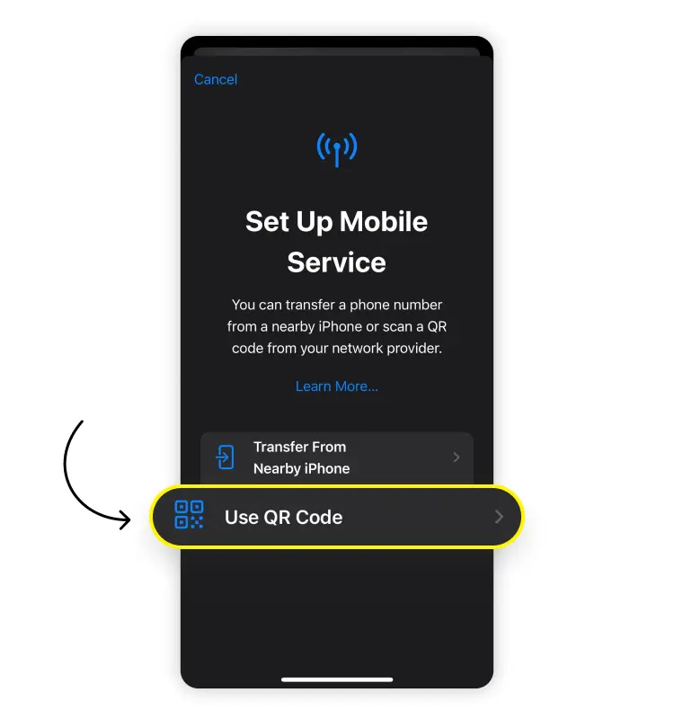 Installing an eSIM on your iPhone via a QR code: Step 3