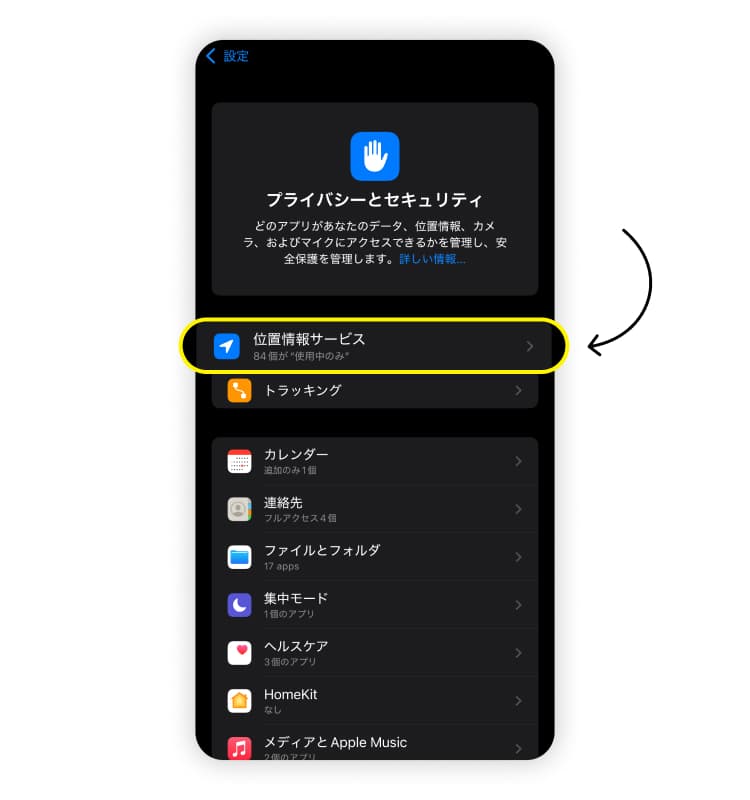 iPhoneのデータ通信を節約するための方法その6「位置情報サービスを制限する」のスクリーンショット。「位置情報サービス」をタップすることを示している。