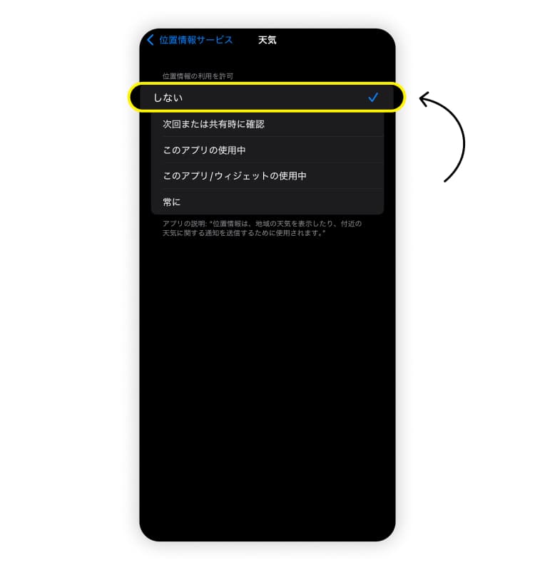 iPhoneのデータ通信を節約するための方法その6「位置情報サービスを制限する」のスクリーンショット。「位置情報の利用を許可」を「しない」に変更するよう強調されている。