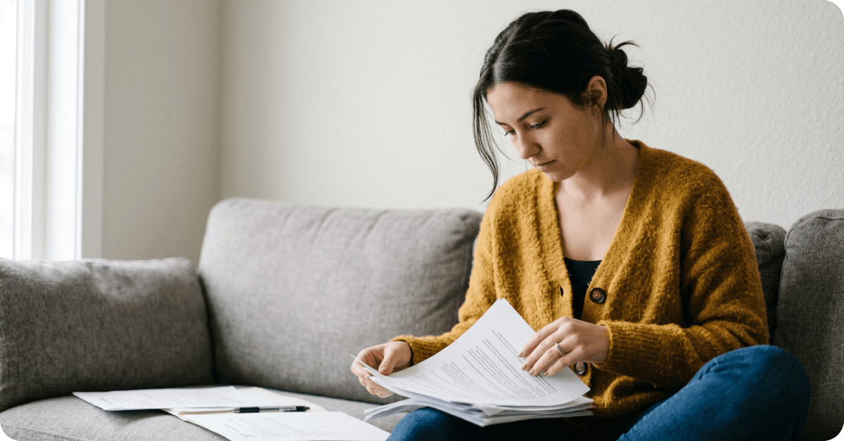 A student is reviewing a stack of documents.