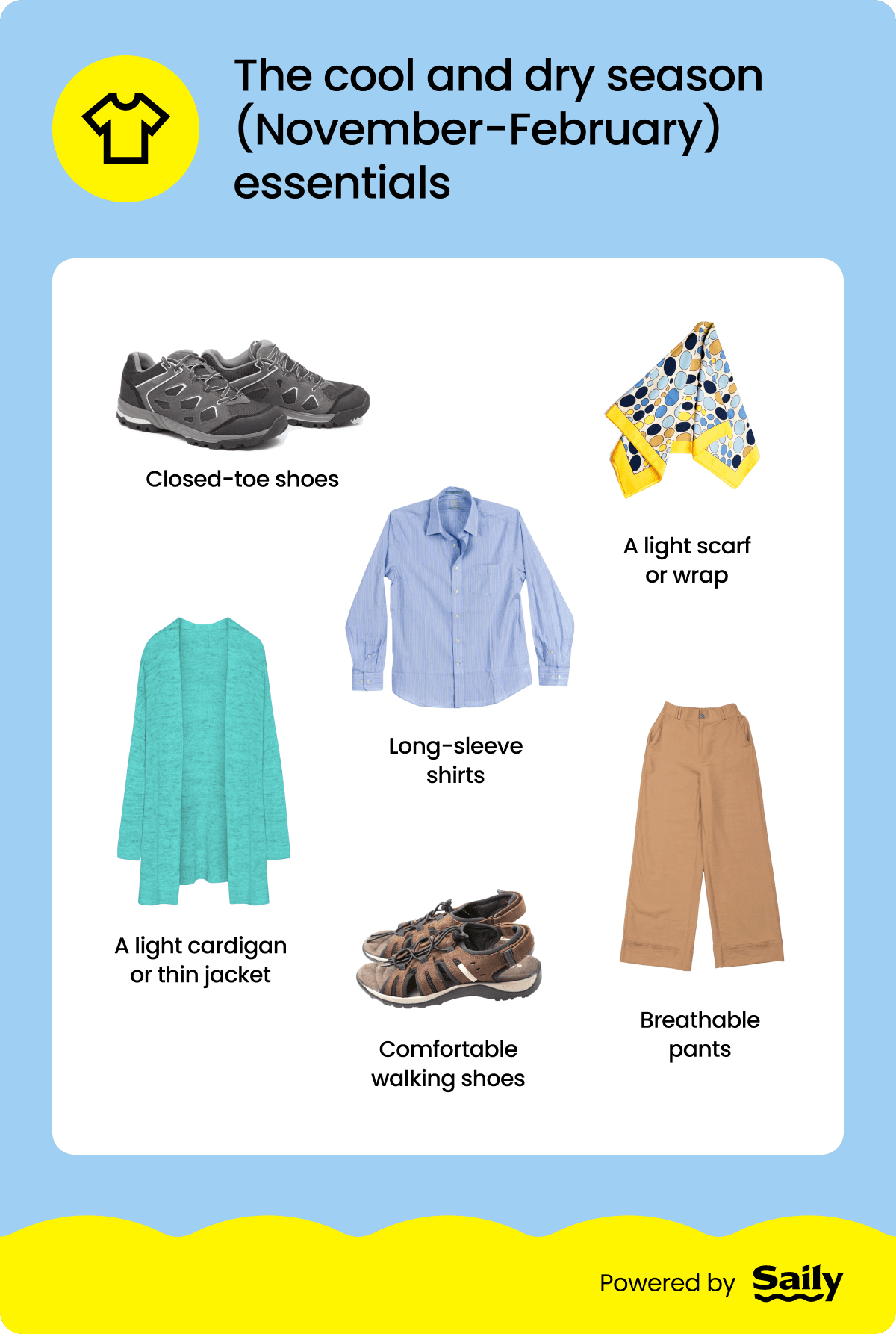A flat lay of the cool and dry season essentials for Thailand, such as breathable pants, closed‑toe shoes, and a light scarf.