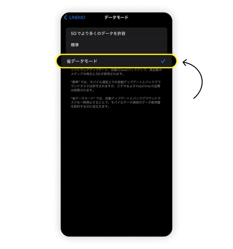 iPhoneのデータ通信を節約するための方法その1のスクリーンショット。「省データモード」をタップすることを示している。