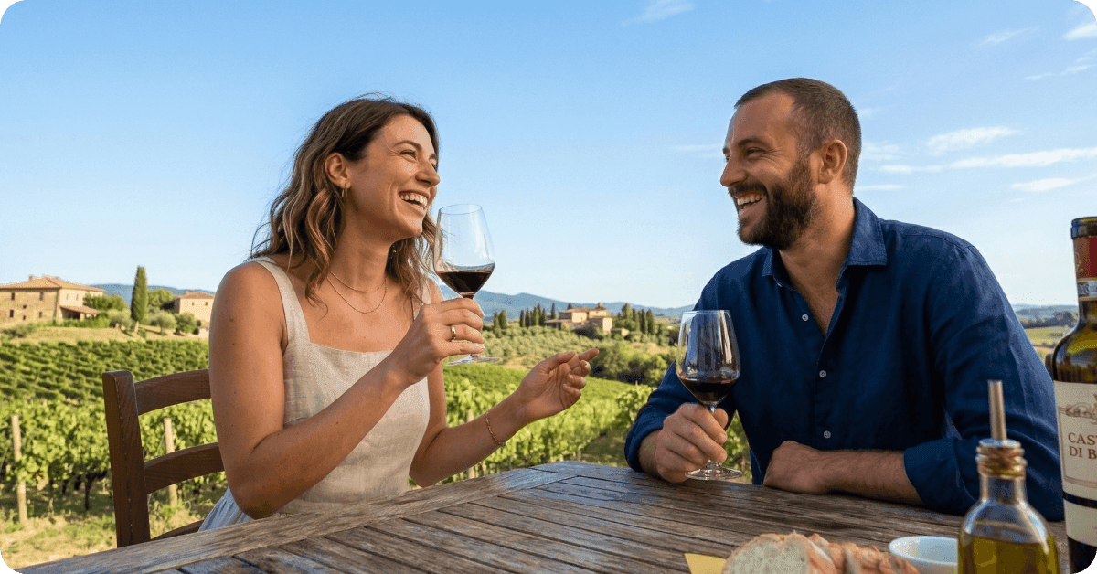 A couple having a wine tasting in an Italian vineyard