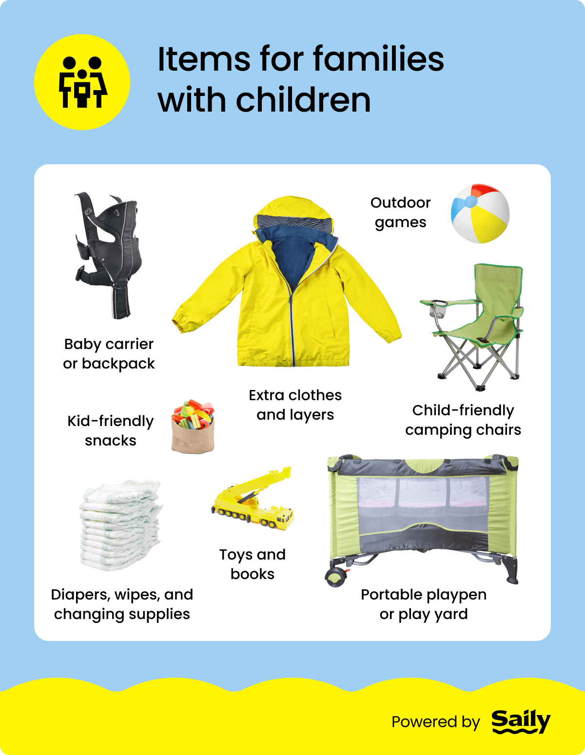 Camping packing list: Items for families with children.