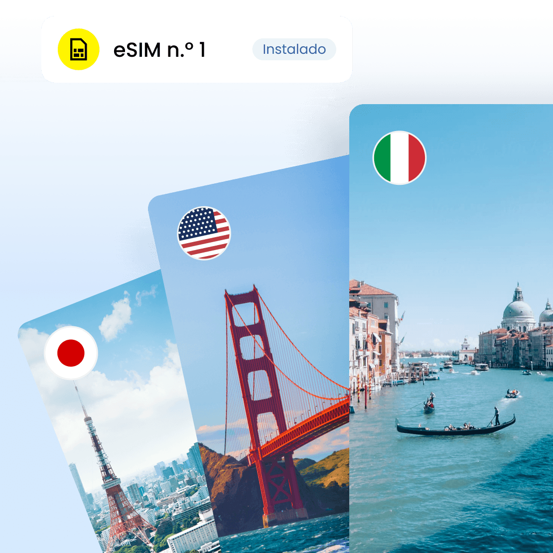 Um eSIM instalado, que ativa instantaneamente o seu plano ao chegar ao destino.