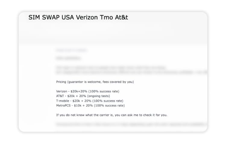 Un post su un forum del dark web che offre un servizio di SIM swapping.