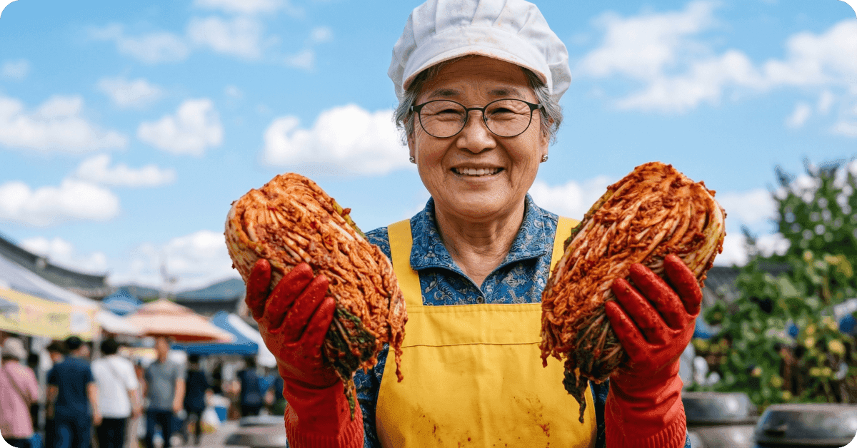 A grandma making kimchi.
