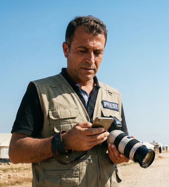 A journalist reviewing photos on a camera while reporting in the field.