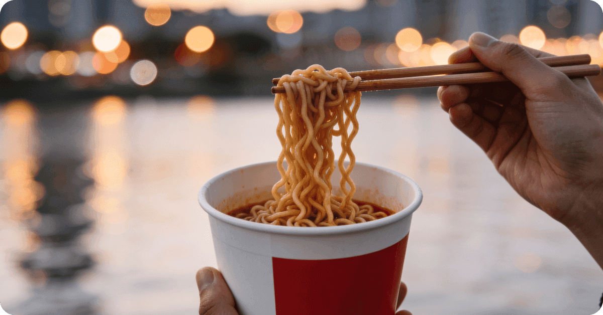 A person eating ramyeon.