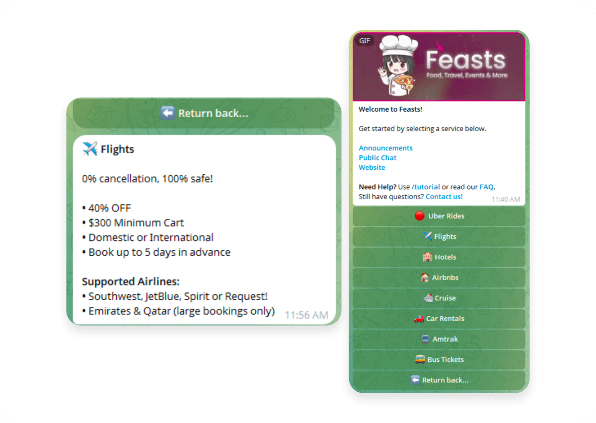 A dark web buy-for-you storefront, “Feasts,” advertising discounted services such as flights, hotels, vacation rentals, car rentals, and rides.