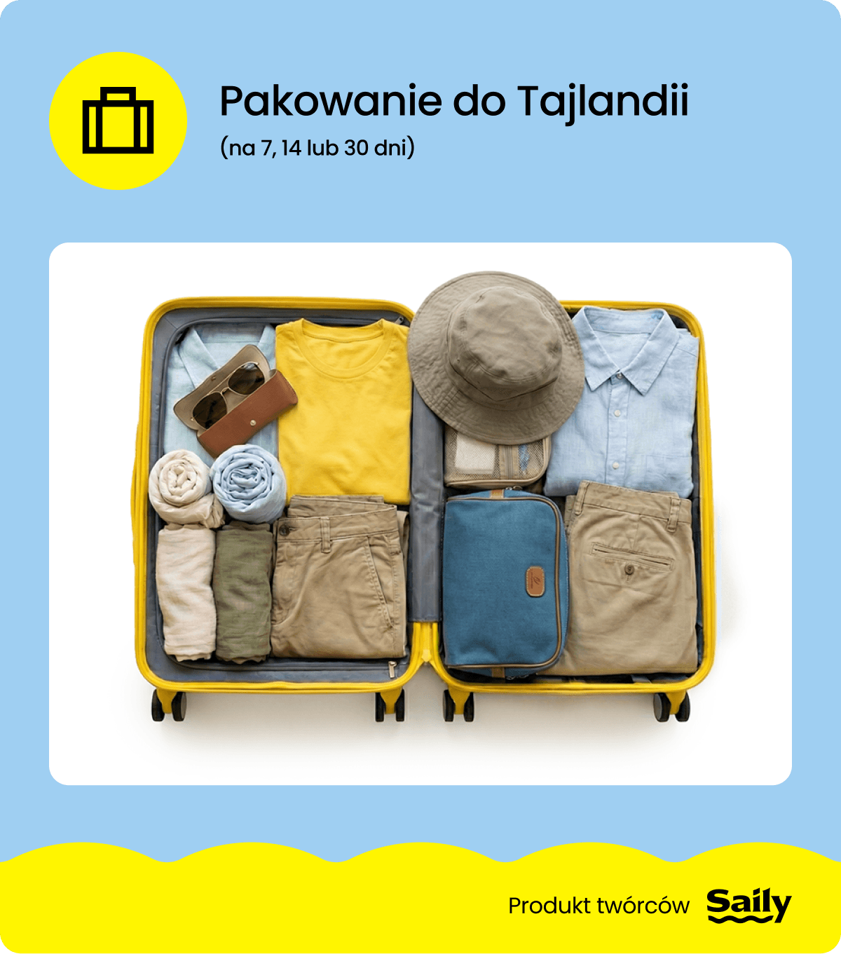 Grafika z rzeczami w walizce na wyjazd do Tajlandii