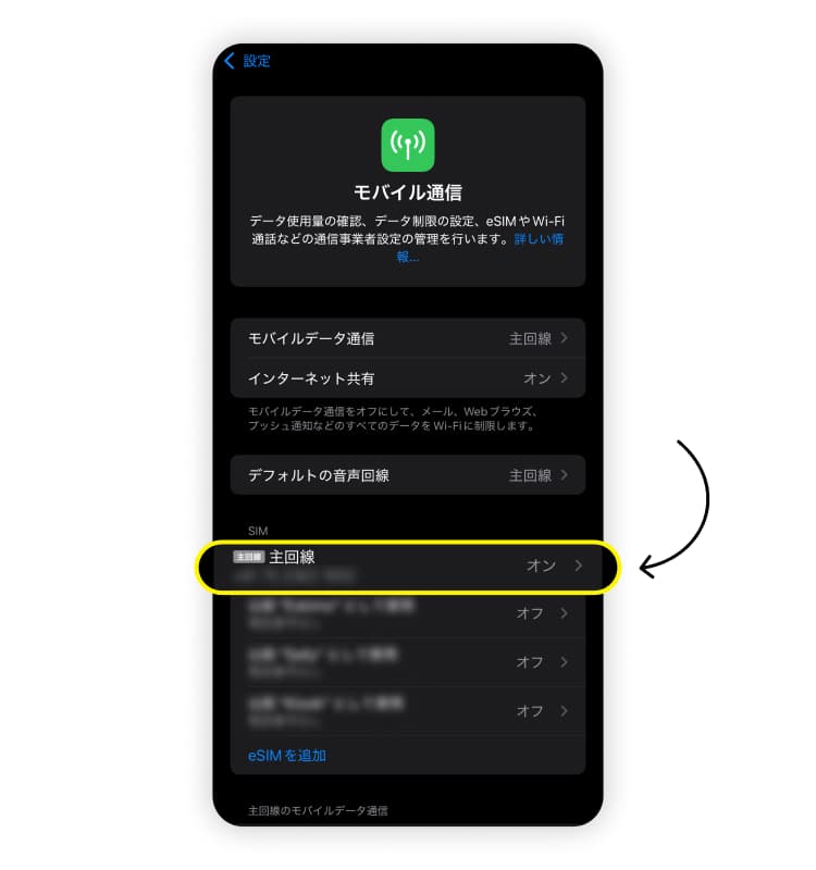 iPhoneのデータ通信を節約するための方法その1のスクリーンショット。主回線のSIMをタップすることを示している。